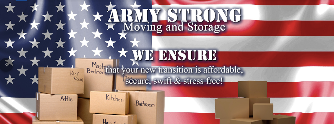 Army Strong Moving and Storage flag banner with labeled moving boxes